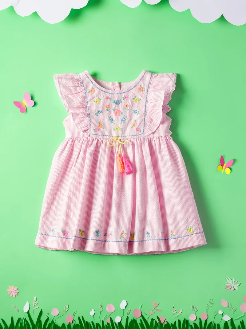 Girls' 100% Cotton All-over Striped & Floral Embroidered Ruffled Fit and Flare Dress with Tassels